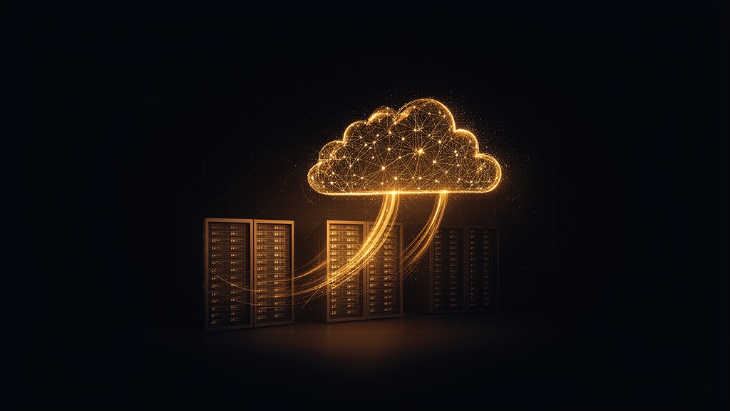 Editorial illustration: a glowing gold cloud linked to server racks by golden data streams on a dark background, representing Cloudways managed cloud hosting.