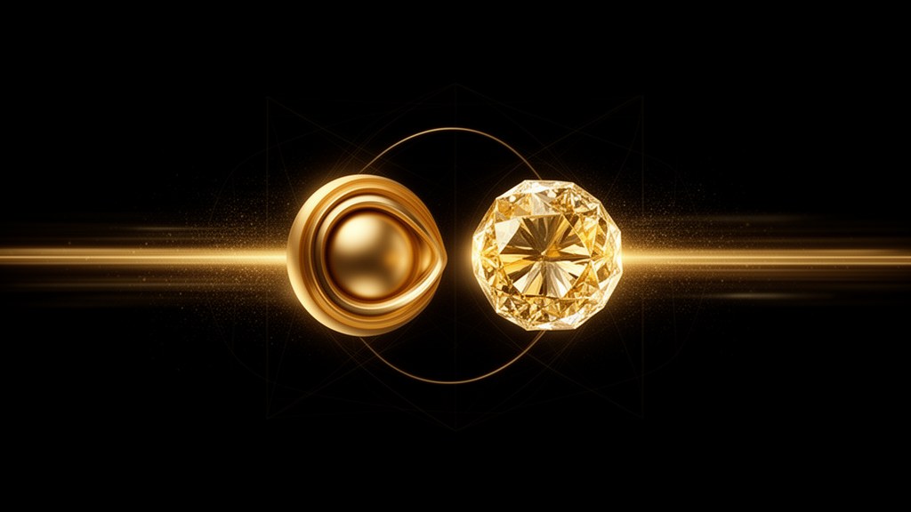 Editorial illustration: two golden spheres facing each other on a dark background, one broad and layered, the other faceted, representing Cloudways compared with Kinsta.
