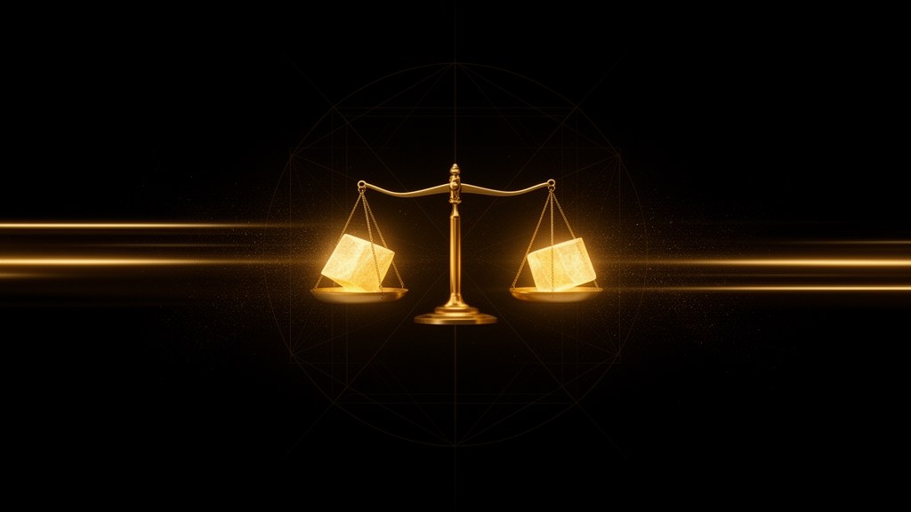 Editorial illustration: a golden balance beam holding two luminous blocks in near equilibrium on a dark background, representing Cloudways compared with WP Engine.