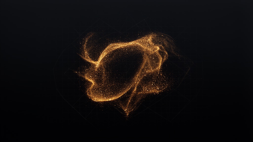 Editorial illustration: glowing gold generative particles forming shapes on a dark background, representing Fiverr Go AI creative tools.