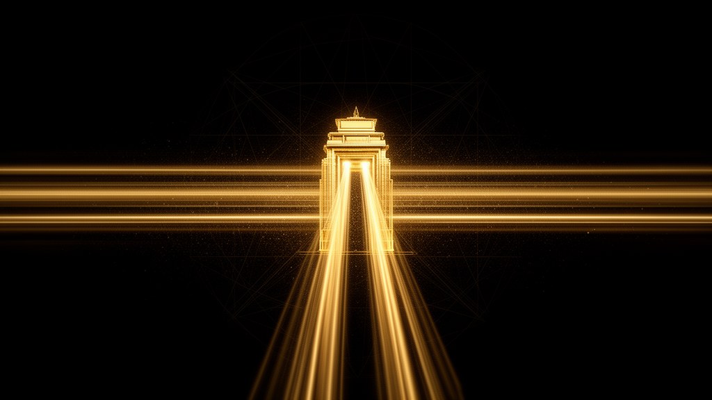 Editorial illustration: many converging streams of golden light absorbed by a single tall gateway on a dark background, representing high-traffic WordPress hosting.