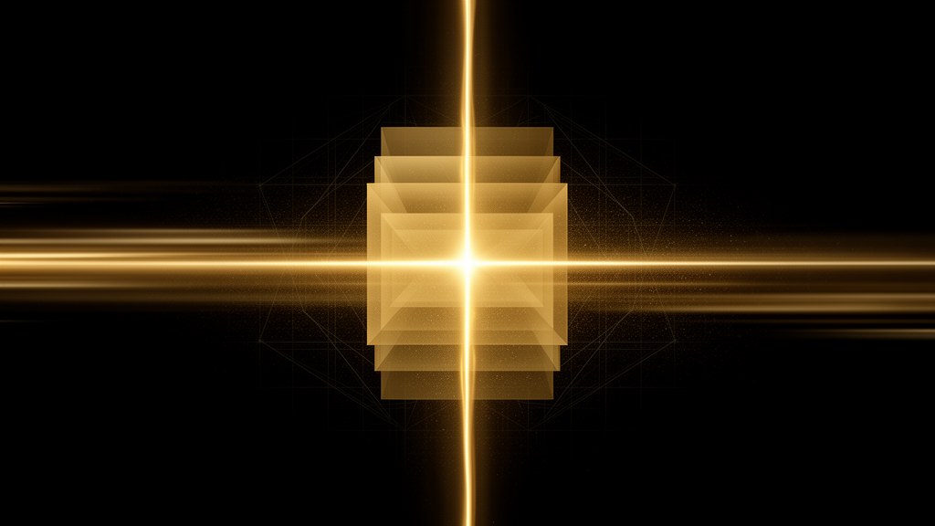Editorial illustration: stacked translucent gold layers threaded by a single bright stream on a dark background, representing a structured Laravel application stack.