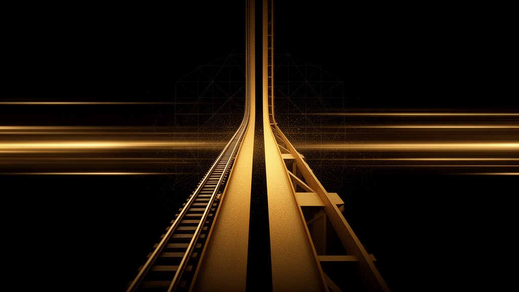 Editorial illustration: a golden track splitting into two routes on a dark background, one smooth and guided, the other bare, representing managed cloud hosting against a raw VPS.