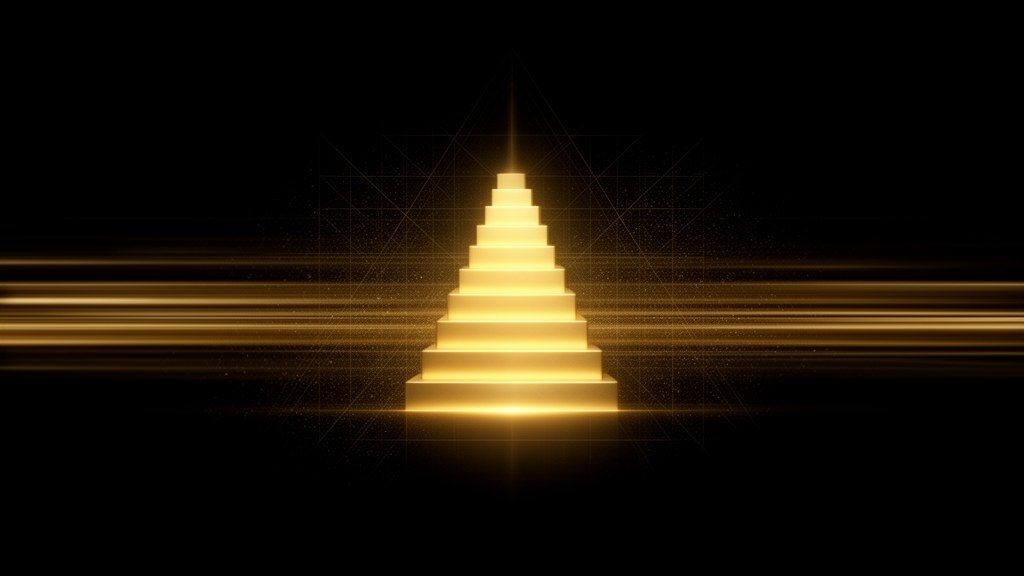 Editorial illustration: a glowing gold stepped pyramid rising in even tiers on a dark background, representing a SaaS product scaling up.