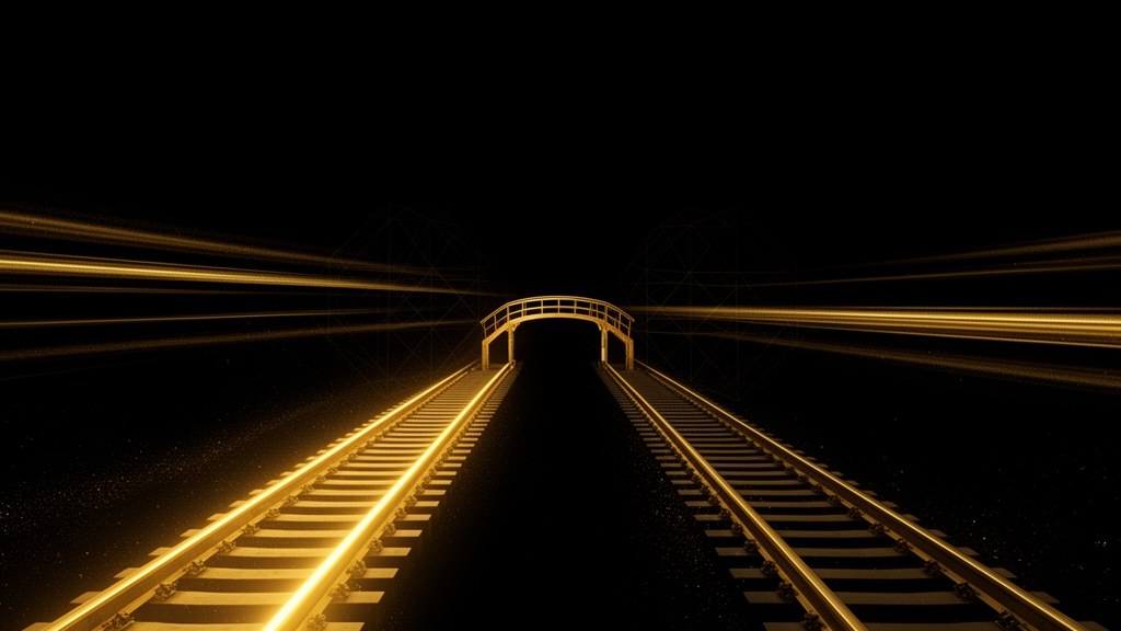 Editorial illustration: two parallel golden railway tracks joined by a small bridge on a dark background, one lit and one dim, representing a staging environment beside a live one.