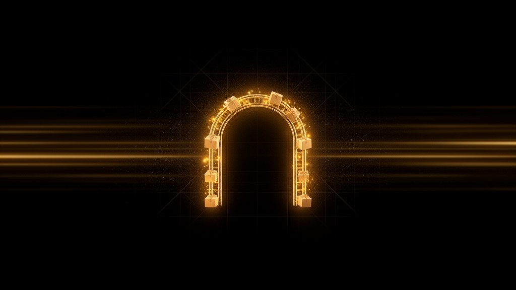 Editorial illustration: small golden parcels travelling along a curved track through a glowing arch on a dark background, representing a WooCommerce store fulfilling orders.