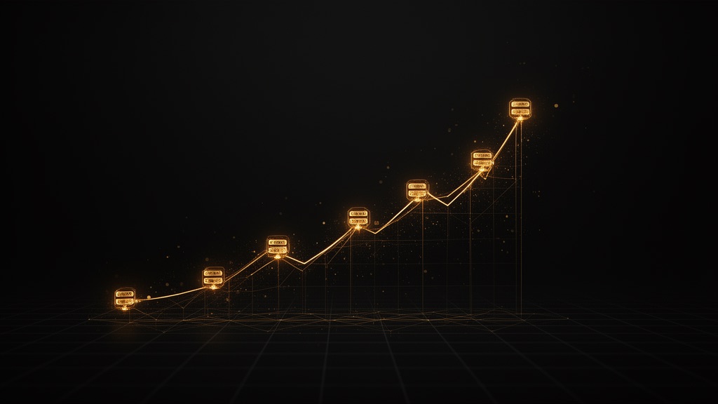 Editorial illustration: glowing gold server nodes with a rising performance curve on a dark background, representing Hostinger web hosting.