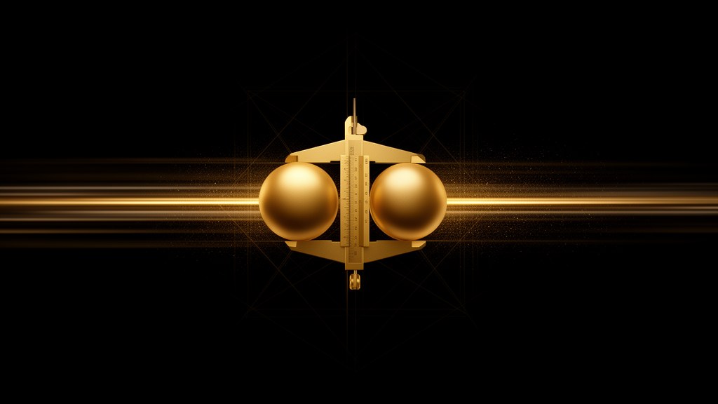 Editorial illustration: a golden caliper measuring two spheres side by side on a dark background, representing head-to-head comparison.