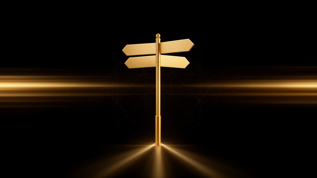 Editorial illustration: a golden signpost with blank arms pointing in several directions on a dark background, representing buying guidance.