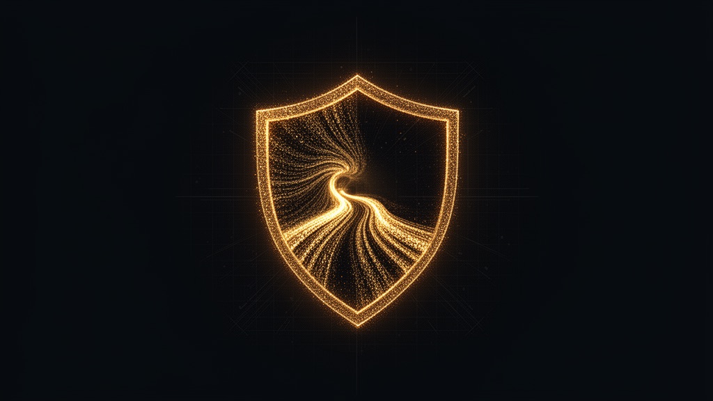 Editorial illustration: a glowing gold security shield with an encrypted light tunnel on a dark background, representing NordVPN VPN and security.