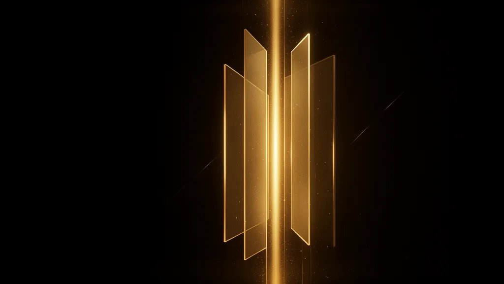 Abstract illustration: a vertical beam of gold light with tall translucent gold glass panels standing in pairs on either side of it, on a dark background.