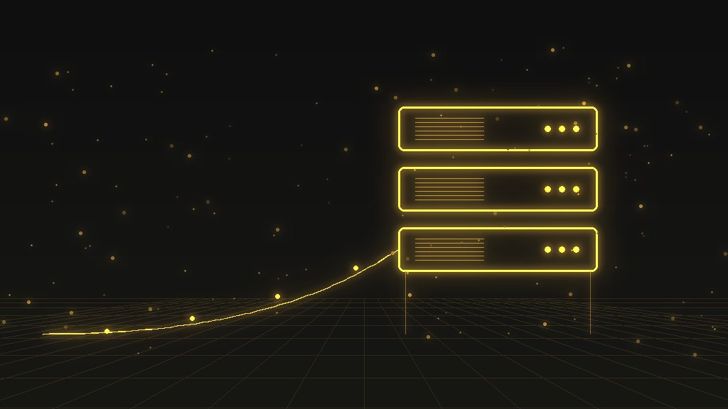 Abstract editorial illustration: three glowing gold server units stacked above a perspective grid floor, with a data line rising to meet them, representing Ultra Web Hosting's cPanel shared hosting.