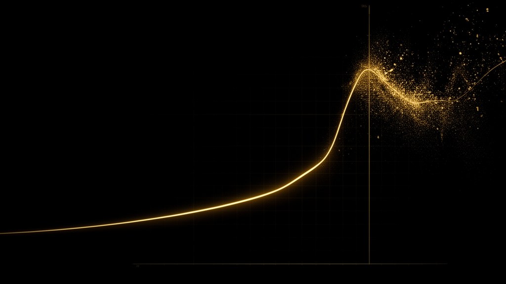 Editorial illustration: a golden line climbing smoothly across a faint grid, then bending sharply upward and scattering into particles past a threshold — the shape of a server holding steady under load until it does not.