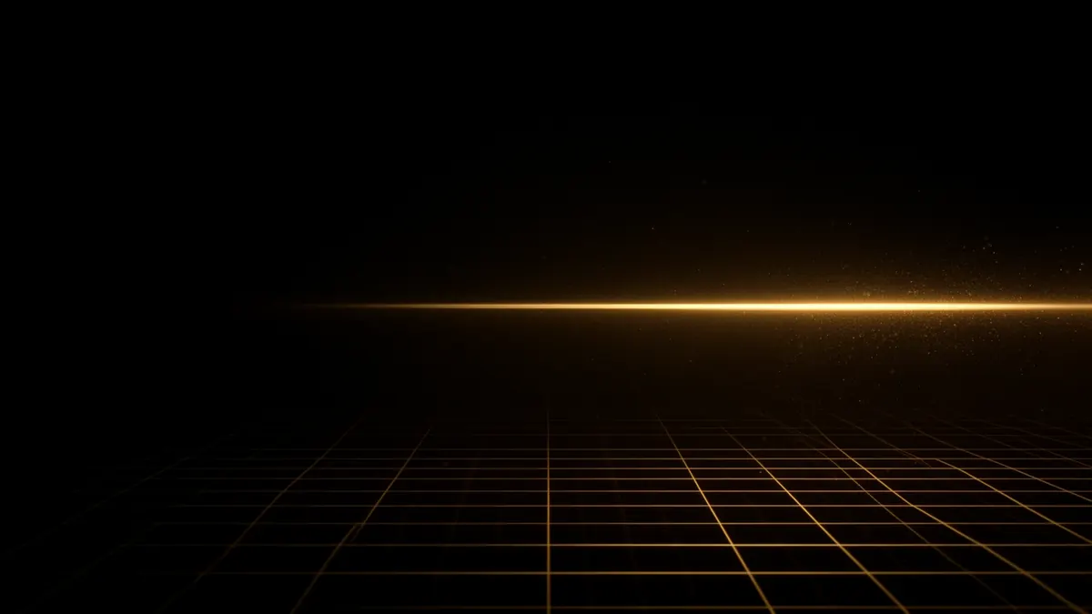 Abstract illustration: a single straight glowing gold line running level above a dark perspective grid.